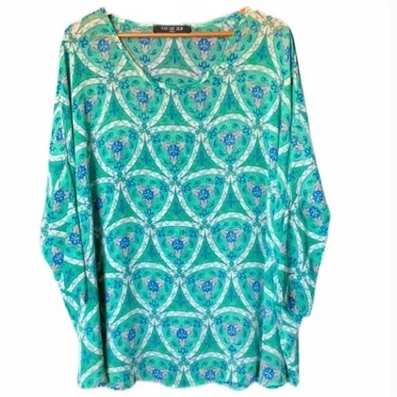 Green medallion print dolman sleeve oversized blouse size small - Picture 1 of 6